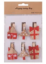 Прищепки Новогодние красные (дом, елка, подарок ), 6 шт,4,5 х 3 см ( дерево) (1108-1)