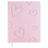 Дневник шк. "Розовые сердечки" кожзам, тв.переплёт, шелкография в одну краску, блинт.тиснение, пантон, одно ляссе, загругл.углы, универс.шпаргалка