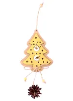 Новогоднее подвесное украшение с шишкой и бубенчиками Ёлочка (золото) (дерево) (14х10)