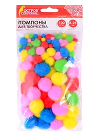 Помпоны для творчества ассорти (5 цв) (8 мм/15 мм/25 мм) (100шт) (661436) (3+) (упаковка) (Остров сокровищ)
