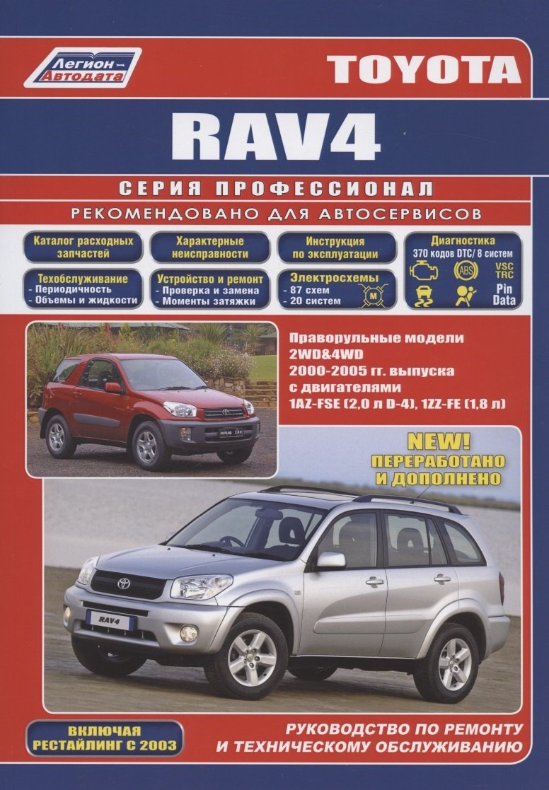 Toyota RAV4. Праворульные модели 2WD&4WD c 2000-2005 гг. выпуска с двигателями 1AZ-FSE (2,0 л D-4), 1ЯЯ-АУ (1,8 л)
Toyota RAV4. Праворульные модели 2WD&4WD c 2000-2005 гг. выпуска с двигателями 1AZ-FSE (2,0 л D-4), 1ЯЯ-АУ (1,8 л)