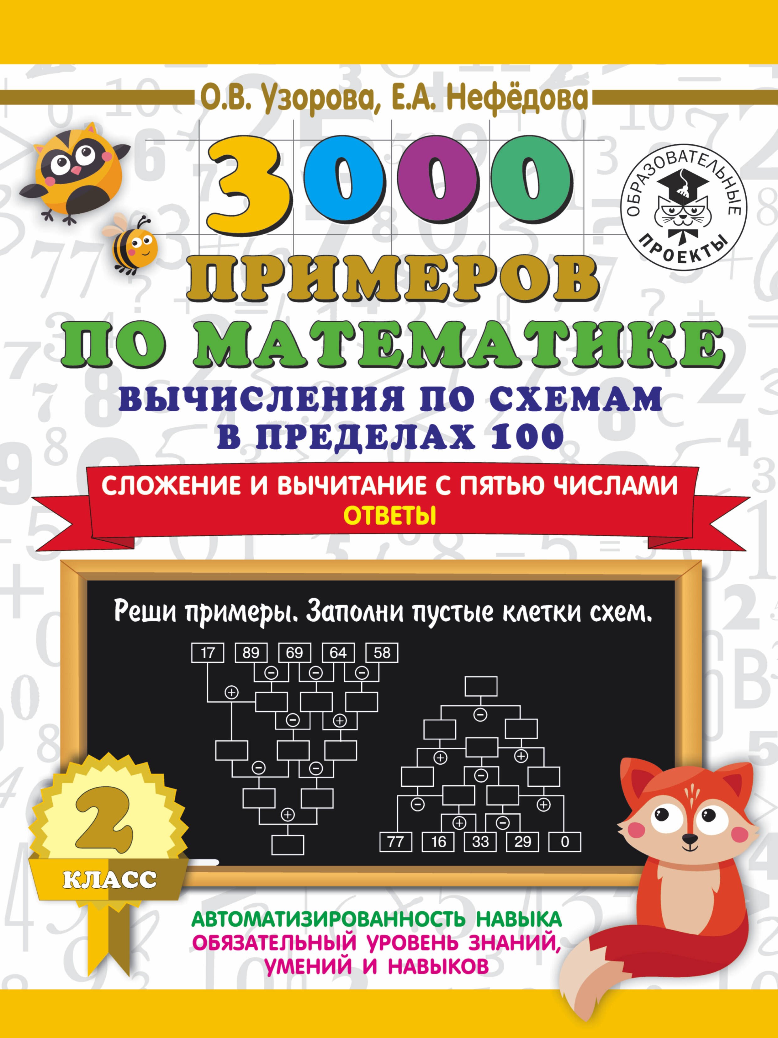 3000 примеров по математике. Вычисления по схемам в пределах 100. Сложение и вычитание с пятью числами. Ответы. 2 класс
3000 примеров по математике. Вычисления по схемам в пределах 100. Сложение и вычитание с пятью числами. Ответы. 2 класс