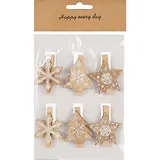 Прищепки Новогодние (снежинка, елочка,звездочка), 6 шт, 3,5 х 5 см( дерево)