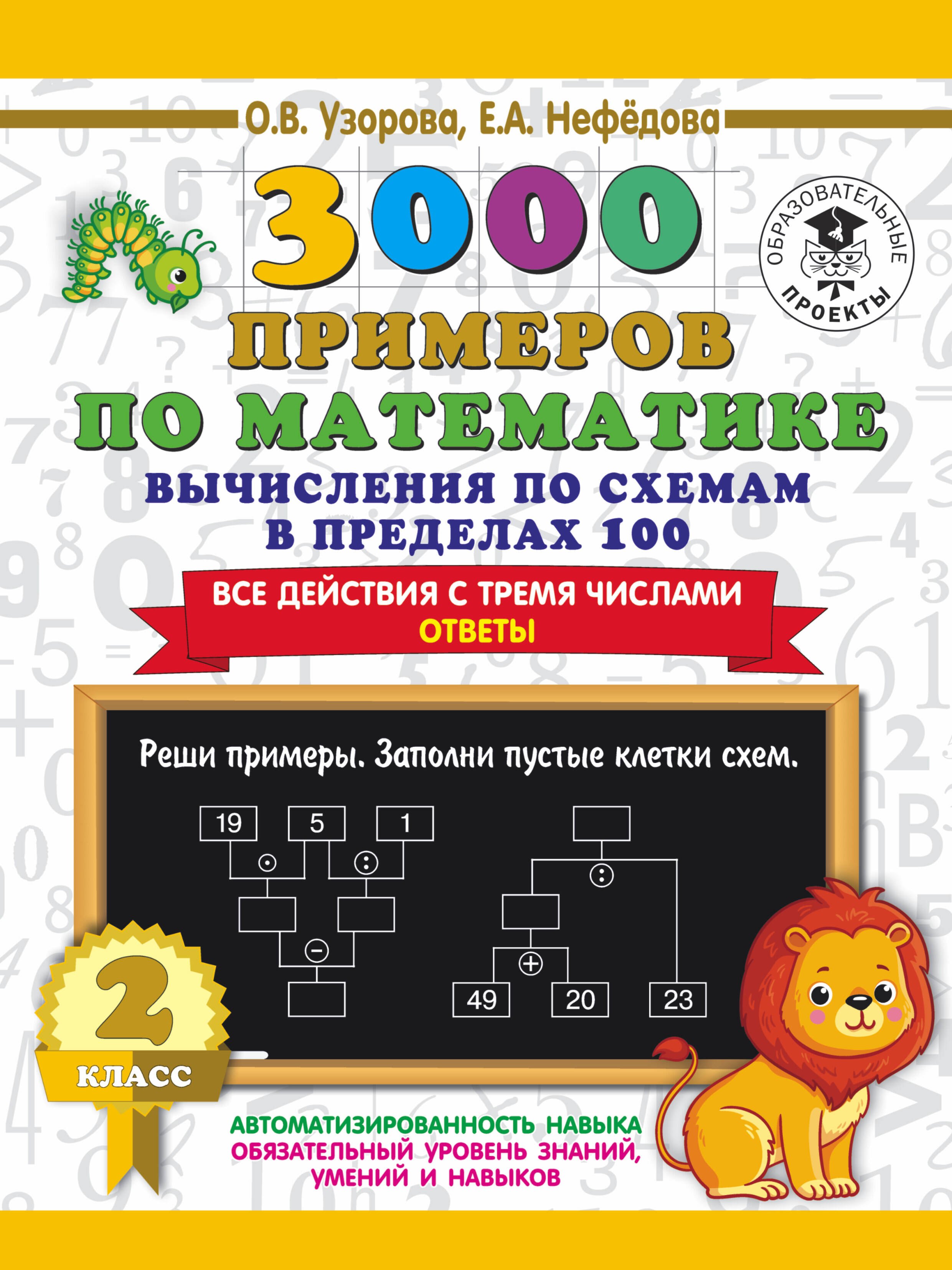 3000 примеров по математике. Вычисления по схемам в пределах 100. Все действия с тремя числами. Ответы. 2 класс
3000 примеров по математике. Вычисления по схемам в пределах 100. Все действия с тремя числами. Ответы. 2 класс