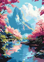 Картина-раскраска по номерам. Горная речка и цветущая сакура