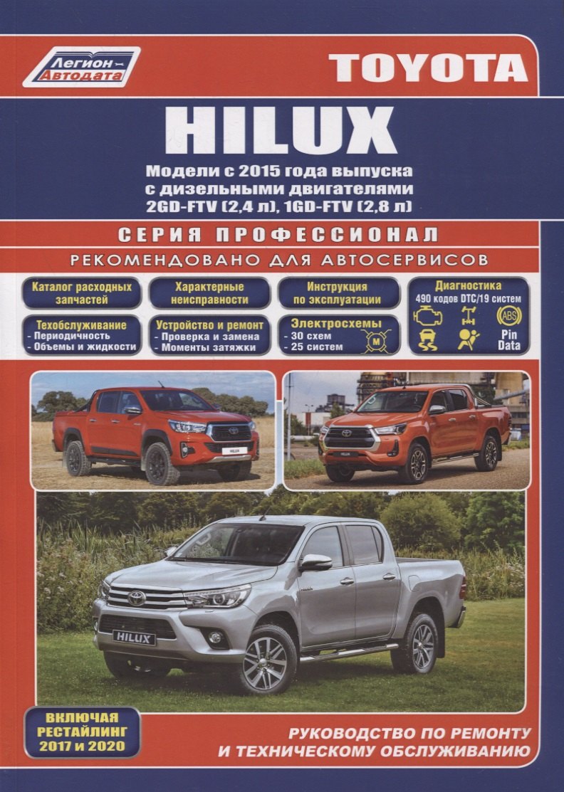 Toyota Hilux. Модели с 2015 года выпуска с дизельными двигателями 2GD-FTV (2,4 л), 1GD-FTV (2,8 л). Включены рестайлинговые модели с 2017 года выпуска
Toyota Hilux. Модели с 2015 года выпуска с дизельными двигателями 2GD-FTV (2,4 л), 1GD-FTV (2,8 л). Включены рестайлинговые модели с 2017 года выпуска