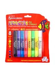 Краски по стеклу (витражные) BRAUBERG 8цв. по 105мл (2флуор1блест)+2пленки+6шабл. блистер 190717