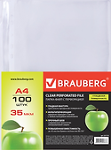 Папка-вкладыш А4 100шт перфорированные, гладкие, Яблоко, 35мкм, BRAUBERG - 0
