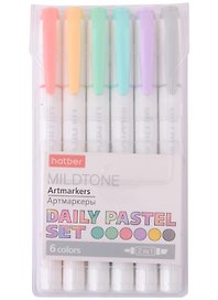 Маркеры для скетчинга 6 цветов "Mildtone PASTEL" двухсторонние, блистер, Hatber