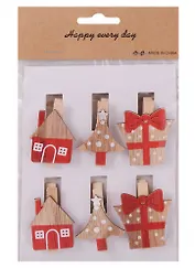 Прищепки Новогодние красные (дом, елка, подарок ), 6 шт,4,5 х 3 см ( дерево) (1108-1)