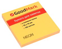 Блок бумаги 76*76 самоклеящийся оранжевый неон 100л, GoodMark