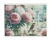 Алмазная мозаика. Классическая, с подрамником, с полным заполнением. "Птичка у окна" 30х40 см, 30 цветов