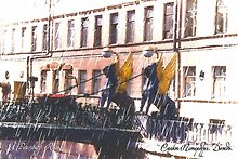 Открытка одинарная Банковский мост. Санкт-Петербург. Дождь, 16*11см