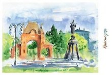 Открытка Краснодар тушь акварель "Екатерининский сквер"