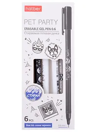 Набор гелевых ручек синих 0,6 мм, «Pet Party», Hatber, 6 штук