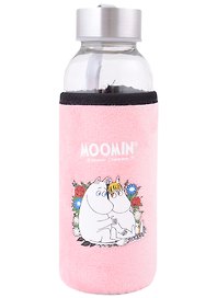 Бутылка в чехле велюр MOOMIN Муми-тролль и Фрекен Снорк сидят в цветах (стекло) (300мл)