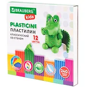 Пластилин 12цв 240гр "KIDS" стек, BRAUBERG