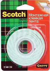 Лента клейкая 12мм*1,9м двухсторон, на вспенен.основе, блистер, подвес, Scotch 3M