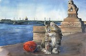 Открытка 10*15 СПб Коты Петровская набережная Невы