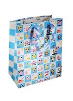 Пакет подарочный бумажный А4 26*32*12 "Совы. Owls", голубые квадраты, мат. ламинат, Хансибэг