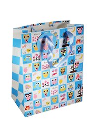 Пакет подарочный бумажный А4 26*32*12 "Совы. Owls", голубые квадраты, мат. ламинат, Хансибэг