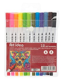 Маркеры для скетчинга 12 цветов, двусторонние, линер/кисть, Art idea