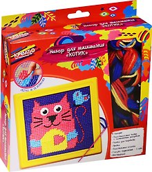 Набор для вышивания Котик (31066) (канва+рамка+пряжа/8цв.х20м.+иголка+глазки/2шт.) (Креатто) (3+) (коробка)