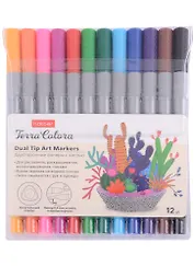 Маркеры для скетчинга Hatber, Terra Colora, 12 цветов, двусторонние линер/кисть на водной основе