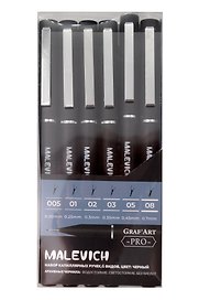 Ручки капиллярные черные 06шт "Graf'Art PRO" 005, 01, 02, 03, 05, 08, водостойкие, пвх-уп, подвес, Малевичъ