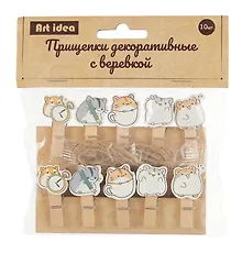 Прищепки декоративные с веревкой "Котики", 10 штук
