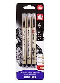 Набор капиллярных ручек Pigma Micron 3шт (0.35мм 0.45мм + graphic 1мм) , цвет черный, Sakura