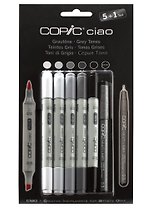 Набор маркеров Copic Ciao оттенки серого, 5 цветов + мультилинер 0.3 мм 