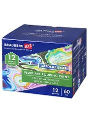 Краски акриловые для техники Флюид Арт (POURING PAINT) НАБОР 12цв*60мл, BRAUBERG ART CLASSIC, 192236
