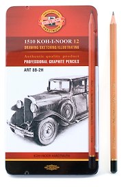 Карандаши ч/гр 12шт (8В - 2Н) художественные, метал.кор., Koh-I-Noor