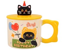 Кружка с крышкой Котик Happy Birthday (желтая) (керамика) (400мл) (12-34466-GD8009)