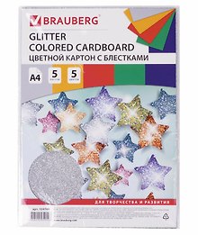 Картон цветной 5 цветов, 5 листов А4 суперблестки, 280г/м2, Brauberg