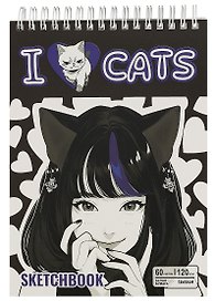 Скетчбук А5 60л "Скетчбук Аниме I love cats" гребень, белый офсет, 120г/м2