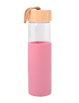 Бутылка в чехле с бамбуковой крышкой розовая (стекло, силикон) (500мл) (12-16061-202505-B2)