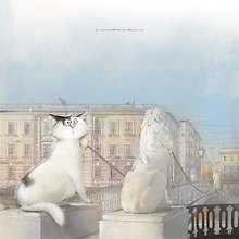 Открытка одинарная СПб Кот и Львинный мост худ.Чувиляева