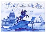 Сувенир, Магнит открытка Коллаж СПб сдвинутый (Исаакий, М.всадник, Мост) гжель 7*6см