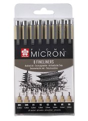 Ручки капиллярные черные 08шт "Pigma Micron" 0.15мм, 0.20мм, 0.25мм, 0.30мм, 0.35мм, 0.40мм, 0.45мм, 0.5мм