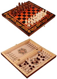 Набор шахматы, нарды, шашки Хохлома красная (40х40) (123-109)