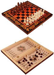 Набор шахматы, нарды, шашки Хохлома красная (40х40) (123-109)