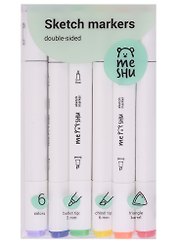 Маркеры для скетчинга 06цв MESHU двусторонние, основные цвета, MESHU