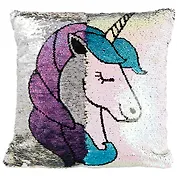 Подушка с пайетками Единорог с голубой гривой на белом фоне (40×40) (текстиль) (12-11403-XCT-2