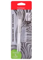 Нож-скальпель Hatber канцелярский  47x10мм, мет.корпус, d11мм, 2зап.лезвия, блистерНож-скальпель для хобби и творчества, прекрасно подходит для работ по бумаге, картону, дереву, коже, винилу, идеален для скрапбукинга и бумажного моделирования. Имеет алюми