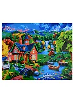 Холст с красками "Сказочный ночной вид на дома и горы", 40х50