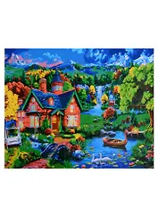 Холст с красками "Сказочный ночной вид на дома и горы", 40х50