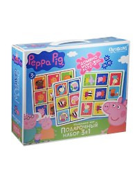 Подарочный набор 3в1 «Peppa Pig» домино, мемо, лото, 3 мини-пазла