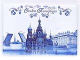 Сувенир, Магнит открытка Коллаж СПб сдвинутый (Мост, Спас, Эрмитаж) гжель 7*6см